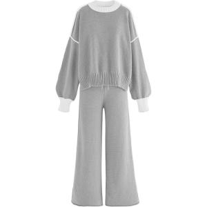 imageDisamer Women Knitted Outfits High Neck Sweater Wide Leg Pant Set 2 Pieces Long Sleeve Pullover TopsGrey