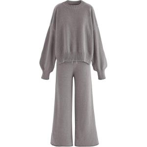 imageDisamer Women Knitted Outfits High Neck Sweater Wide Leg Pant Set 2 Pieces Long Sleeve Pullover TopsPure Khaki