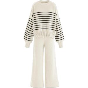 imageDisamer Women Knitted Outfits High Neck Sweater Wide Leg Pant Set 2 Pieces Long Sleeve Pullover TopsStripe Apricot