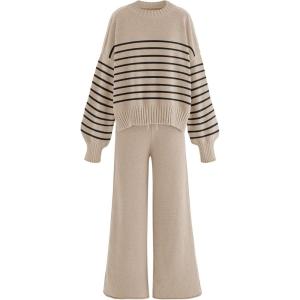 imageDisamer Women Knitted Outfits High Neck Sweater Wide Leg Pant Set 2 Pieces Long Sleeve Pullover TopsStripe Khaki