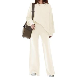 imageDisamer Womens 2 Piece Outfits Sweater Set Long Sleeve Knit Pullover Tops Wide Leg Pants Lounge SetsBeige