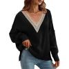 imageDisamer Womens 2025 Fall Sweaters Trendy Long Sleeve Lace V Neck Color Block Striped Oversized Pullover Knitted TopsBlack