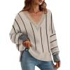 imageDisamer Womens 2025 Fall Sweaters Trendy Long Sleeve Lace V Neck Color Block Striped Oversized Pullover Knitted TopsColor Khaki