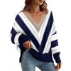 imageDisamer Womens 2025 Fall Sweaters Trendy Long Sleeve Lace V Neck Color Block Striped Oversized Pullover Knitted TopsColor Navy