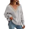 imageDisamer Womens 2025 Fall Sweaters Trendy Long Sleeve Lace V Neck Color Block Striped Oversized Pullover Knitted TopsGray