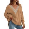 imageDisamer Womens 2025 Fall Sweaters Trendy Long Sleeve Lace V Neck Color Block Striped Oversized Pullover Knitted TopsKhaki