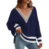 imageDisamer Womens 2025 Fall Sweaters Trendy Long Sleeve Lace V Neck Color Block Striped Oversized Pullover Knitted TopsTwo Blue