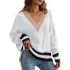 imageDisamer Womens 2025 Fall Sweaters Trendy Long Sleeve Lace V Neck Color Block Striped Oversized Pullover Knitted TopsTwo White