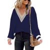 imageDisamer Womens 2025 Fall Sweaters Trendy Long Sleeve Lace V Neck Color Block Striped Oversized Pullover Knitted TopsTwo Blue
