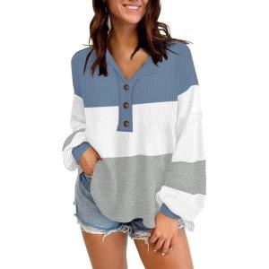 imageDisamer Sweatshirts for Womens Long Sleeve V Neck Striped Fashion Oversized T Shirts Casual Button Down Henley Neck TopsColor Blue