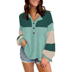 imageDisamer Sweatshirts for Womens Long Sleeve V Neck Striped Fashion Oversized T Shirts Casual Button Down Henley Neck TopsDouble Green
