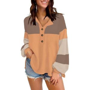 imageDisamer Sweatshirts for Womens Long Sleeve V Neck Striped Fashion Oversized T Shirts Casual Button Down Henley Neck TopsDouble Khaki