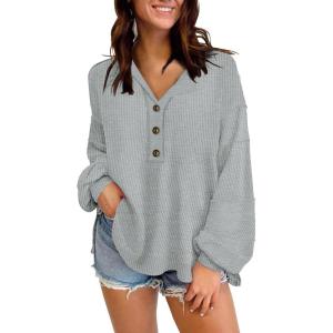 imageDisamer Sweatshirts for Womens Long Sleeve V Neck Striped Fashion Oversized T Shirts Casual Button Down Henley Neck TopsGray