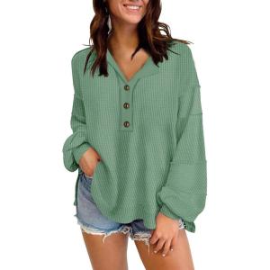 imageDisamer Sweatshirts for Womens Long Sleeve V Neck Striped Fashion Oversized T Shirts Casual Button Down Henley Neck TopsGreen