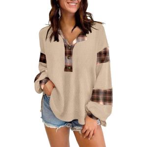 imageDisamer Sweatshirts for Womens Long Sleeve V Neck Striped Fashion Oversized T Shirts Casual Button Down Henley Neck TopsGrid Apricot