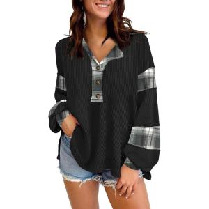 imageDisamer Sweatshirts for Womens Long Sleeve V Neck Striped Fashion Oversized T Shirts Casual Button Down Henley Neck TopsGrid Black