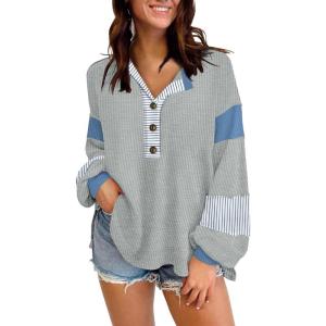 imageDisamer Sweatshirts for Womens Long Sleeve V Neck Striped Fashion Oversized T Shirts Casual Button Down Henley Neck TopsStriped Gray