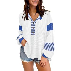 imageDisamer Sweatshirts for Womens Long Sleeve V Neck Striped Fashion Oversized T Shirts Casual Button Down Henley Neck TopsStriped White