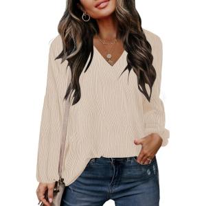 imageDisamer Women Casual Blouse Fashion 2025 Clothes Fall V Neck Long Puff Sleeve Shirts Lightweight Summer Tunic Tops TrendyApricot