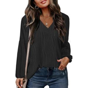 imageDisamer Women Casual Blouse Fashion 2025 Clothes Fall V Neck Long Puff Sleeve Shirts Lightweight Summer Tunic Tops TrendyBlack