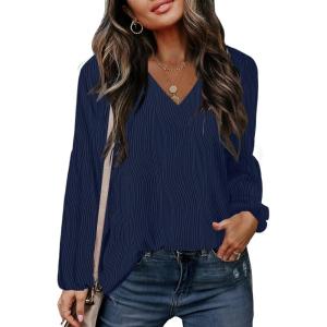 imageDisamer Women Casual Blouse Fashion 2025 Clothes Fall V Neck Long Puff Sleeve Shirts Lightweight Summer Tunic Tops TrendyBlue