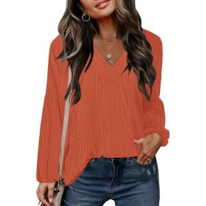 imageDisamer Women Casual Blouse Fashion 2025 Clothes Fall V Neck Long Puff Sleeve Shirts Lightweight Summer Tunic Tops TrendyOrange