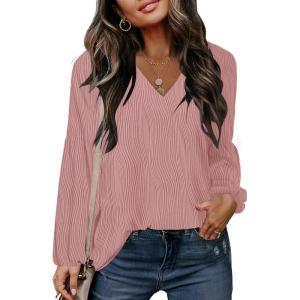 imageDisamer Women Casual Blouse Fashion 2025 Clothes Fall V Neck Long Puff Sleeve Shirts Lightweight Summer Tunic Tops TrendyPink