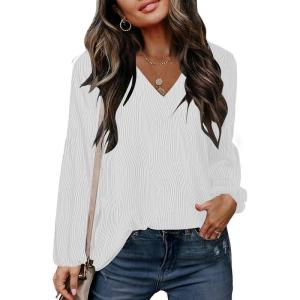 imageDisamer Women Casual Blouse Fashion 2025 Clothes Fall V Neck Long Puff Sleeve Shirts Lightweight Summer Tunic Tops TrendyWhite