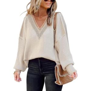 imageDisamer Womens 2025 Fall Sweaters Trendy Long Sleeve Lace V Neck Color Block Striped Oversized Pullover Knitted TopsApricot