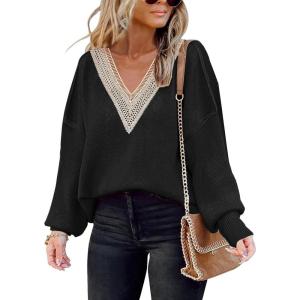 imageDisamer Womens 2025 Fall Sweaters Trendy Long Sleeve Lace V Neck Color Block Striped Oversized Pullover Knitted TopsBlack