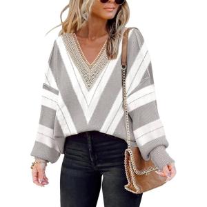 imageDisamer Womens 2025 Fall Sweaters Trendy Long Sleeve Lace V Neck Color Block Striped Oversized Pullover Knitted TopsColor Gray