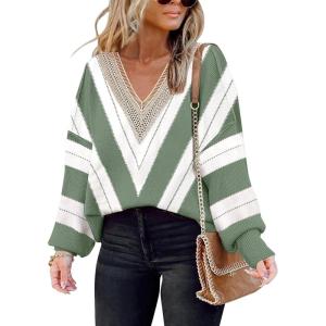 imageDisamer Womens 2025 Fall Sweaters Trendy Long Sleeve Lace V Neck Color Block Striped Oversized Pullover Knitted TopsColor Green