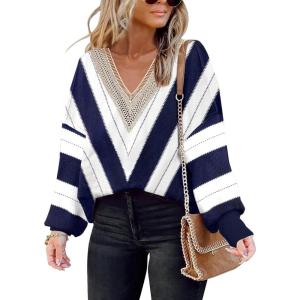 imageDisamer Womens 2025 Fall Sweaters Trendy Long Sleeve Lace V Neck Color Block Striped Oversized Pullover Knitted TopsColor Navy