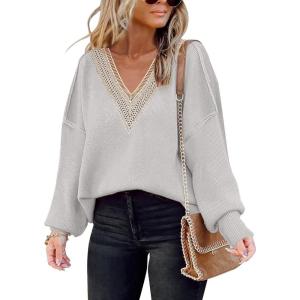 imageDisamer Womens 2025 Fall Sweaters Trendy Long Sleeve Lace V Neck Color Block Striped Oversized Pullover Knitted TopsGray