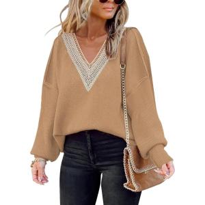 imageDisamer Womens 2025 Fall Sweaters Trendy Long Sleeve Lace V Neck Color Block Striped Oversized Pullover Knitted TopsKhaki