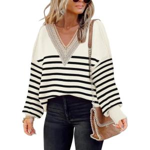 imageDisamer Womens 2025 Fall Sweaters Trendy Long Sleeve Lace V Neck Color Block Striped Oversized Pullover Knitted TopsStripe Apricot