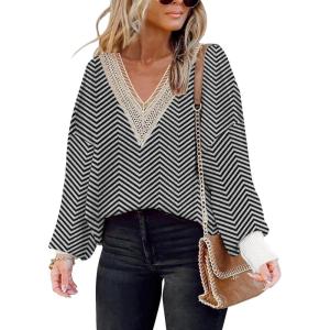 imageDisamer Womens 2025 Fall Sweaters Trendy Long Sleeve Lace V Neck Color Block Striped Oversized Pullover Knitted TopsStripe Black
