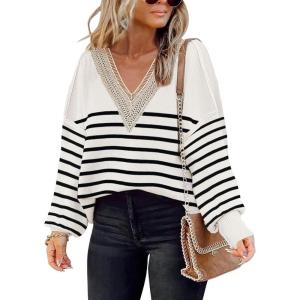imageDisamer Womens 2025 Fall Sweaters Trendy Long Sleeve Lace V Neck Color Block Striped Oversized Pullover Knitted TopsStripe White