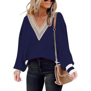 imageDisamer Womens 2025 Fall Sweaters Trendy Long Sleeve Lace V Neck Color Block Striped Oversized Pullover Knitted TopsTwo Blue