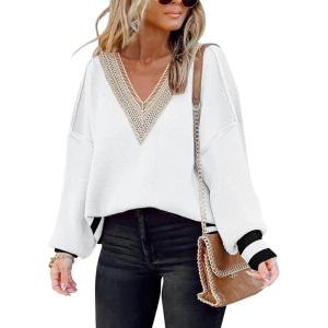 imageDisamer Womens 2025 Fall Sweaters Trendy Long Sleeve Lace V Neck Color Block Striped Oversized Pullover Knitted TopsTwo White