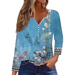 imageDisamer Womens T Shirts 2025 Fashion Tops Long Sleeve Pleated Dressy Casual Button Down Blouses Fall ClothesFlower Blue