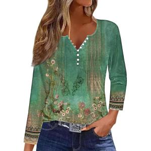imageDisamer Womens T Shirts 2025 Fashion Tops Long Sleeve Pleated Dressy Casual Button Down Blouses Fall ClothesFlower Green