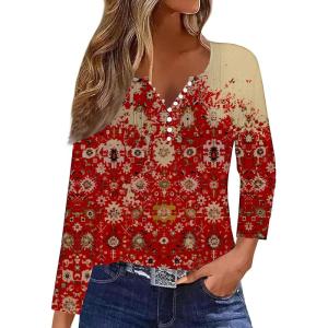 imageDisamer Womens T Shirts 2025 Fashion Tops Long Sleeve Pleated Dressy Casual Button Down Blouses Fall ClothesFlower Red