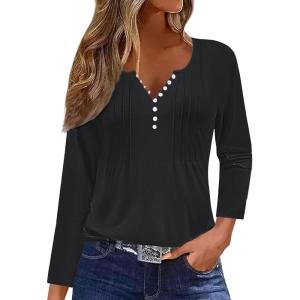 imageDisamer Womens T Shirts 2025 Fashion Tops Long Sleeve Pleated Dressy Casual Button Down Blouses Fall ClothesPure Black