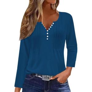 imageDisamer Womens T Shirts 2025 Fashion Tops Long Sleeve Pleated Dressy Casual Button Down Blouses Fall ClothesPure Blue