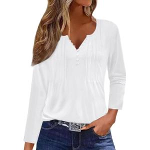 imageDisamer Womens T Shirts 2025 Fashion Tops Long Sleeve Pleated Dressy Casual Button Down Blouses Fall ClothesPure White