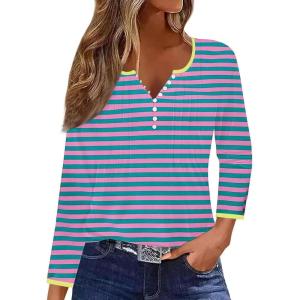 imageDisamer Womens T Shirts 2025 Fashion Tops Long Sleeve Pleated Dressy Casual Button Down Blouses Fall ClothesStriped Blue