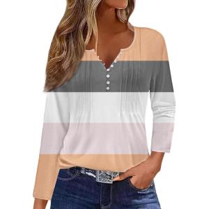 imageDisamer Womens T Shirts 2025 Fashion Tops Long Sleeve Pleated Dressy Casual Button Down Blouses Fall ClothesStriped Color Orange