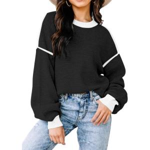 imageWomens Sweaters Fall 2025 Fashion Long Sleeve Color Block Oversized Sweater Trendy Casual Crew Neck Knitted Tops PulloverBlack