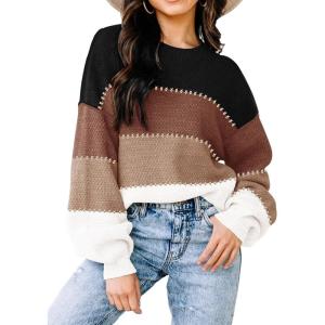 imageWomens Sweaters Fall 2025 Fashion Long Sleeve Color Block Oversized Sweater Trendy Casual Crew Neck Knitted Tops PulloverColor Black